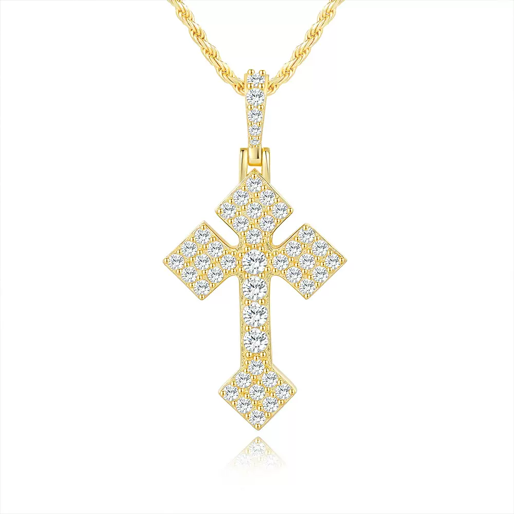 跨境热卖欧美十字架s925银吊坠满镶莫桑石嘻哈男女潮流简约复古项