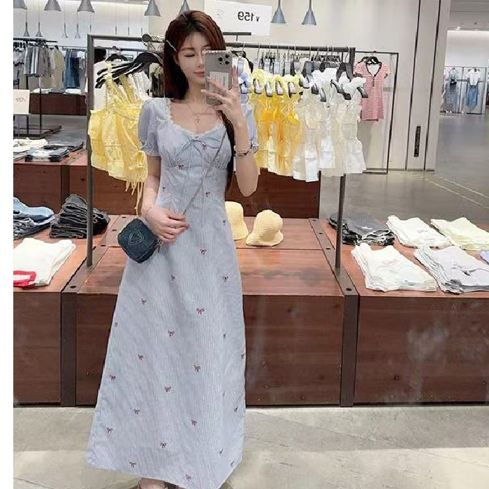プラスサイズのフレンチパフスリーブブルードレス、優しくて美しい花柄スカート、ファットmmウエスト痩身スカート、女性夏用|undefined