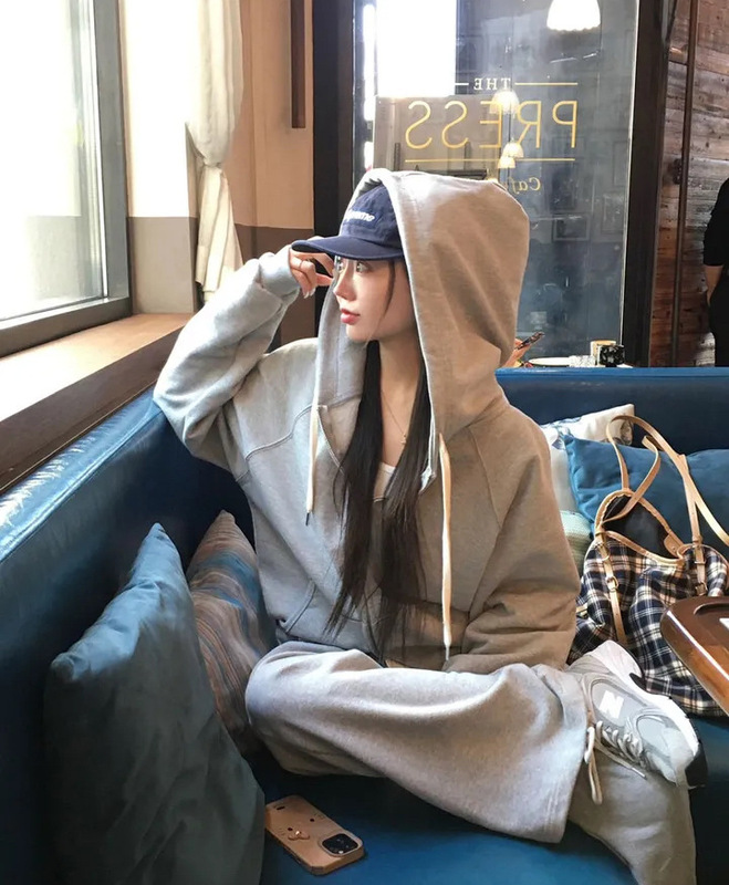 韩系简约街头风通勤百搭长袖连帽拉链宽松卫衣外套女宽松休闲上衣|undefined