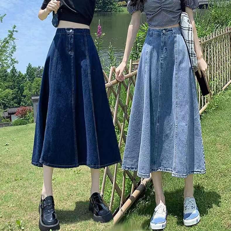 High Waist Half-elastic Denim Skirt Women's Spring and Autumn New Mid-length Umbrella Skirt High-fit Slimming Large Skirt A- line Skirt