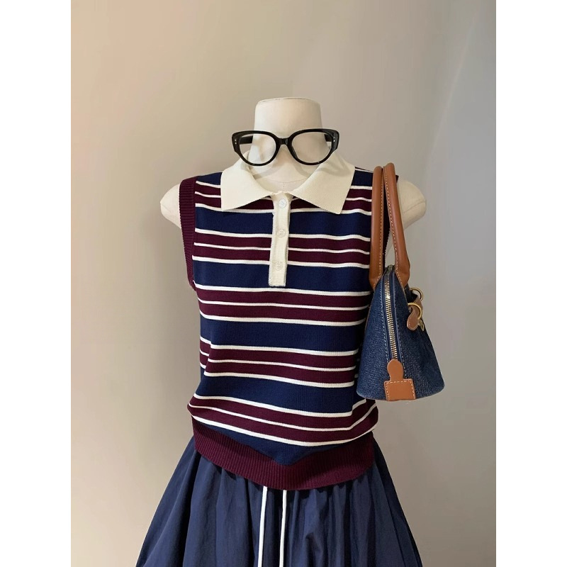 Unique Color-Block Striped Polo Collar Knit Vest for Women, Summer Chic Button Design Slim Fit Outerwear Top