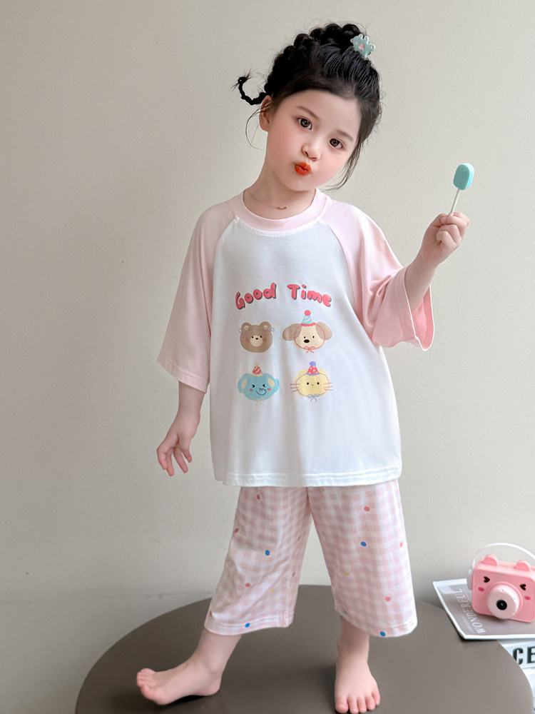 Pijamas modales para niñas verano delgado 2025 nuevos niños dibujos animados manga corta ropa a domicilio traje de verano para bebés