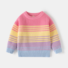 2025 秋と冬の新しい子供服女の子厚いニットコアスパンプルオーバーセーターベビーカラーストリップ肥厚ニットボトムセーター