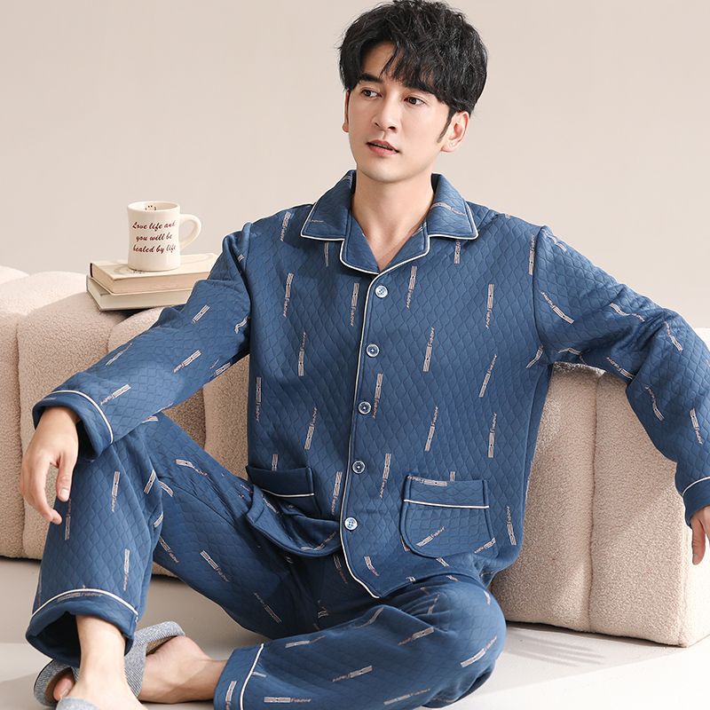 Algodón sándwich calentador hombre pijama otoño invierno engrosado de mediana edad manga larga aire algodón conjunto de ropa para el hogar