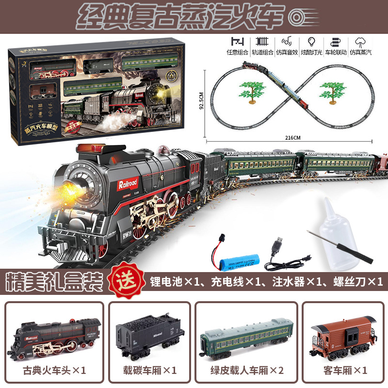 レトロな蒸気の小さい列車は高速鉄道の駐車場の子供の男の子の電動の軌道のおもちゃのノスタルジックな模型をシミュレーションします。