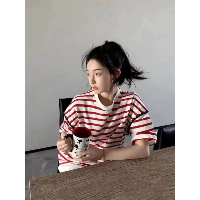 2025 новых летних корейских дизайнерских футболок в полоску, ярких цветов, из шерсти с вышивкой, свободного кроя, с коротким рукавом для мужчин и женщин