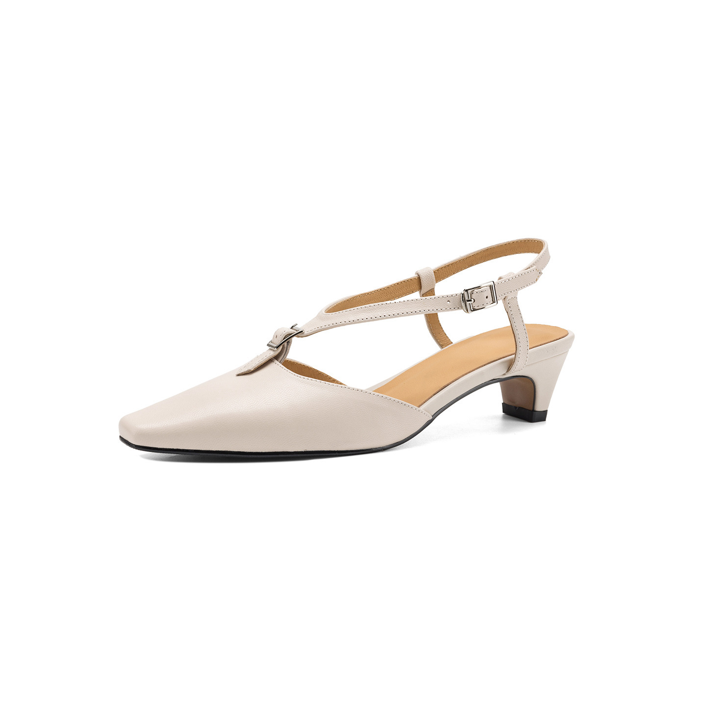 Sandal nữ quai ngang mũi kín da cừu gót thô 4 cm phong cách Hàn Quốc — đen