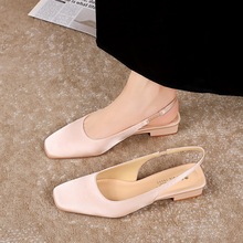 972 French retro style flat heel, shallow mouth, back strap, square toe single shoe, feminine temperament, silk and satin toe cover, back empty low heel, female
