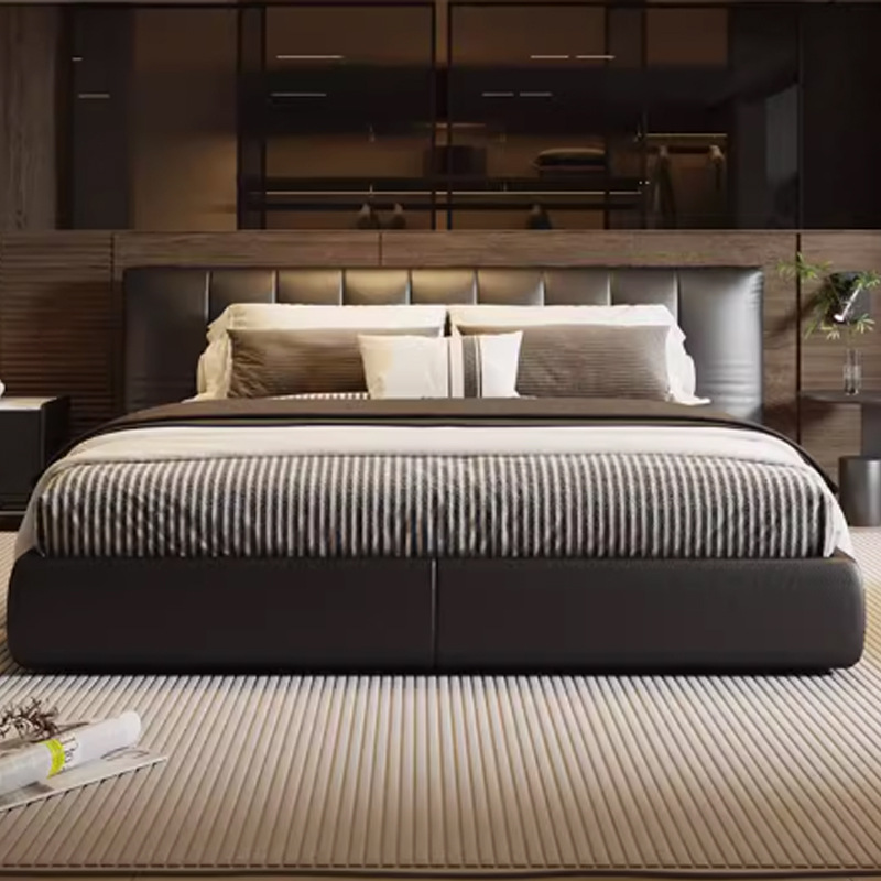 Cama de cuero moderna minimalista italiana de lujo, cama principal queen, amplio respaldo, atmósfera de alta gama, cama doble blanda, cama de boda image 2