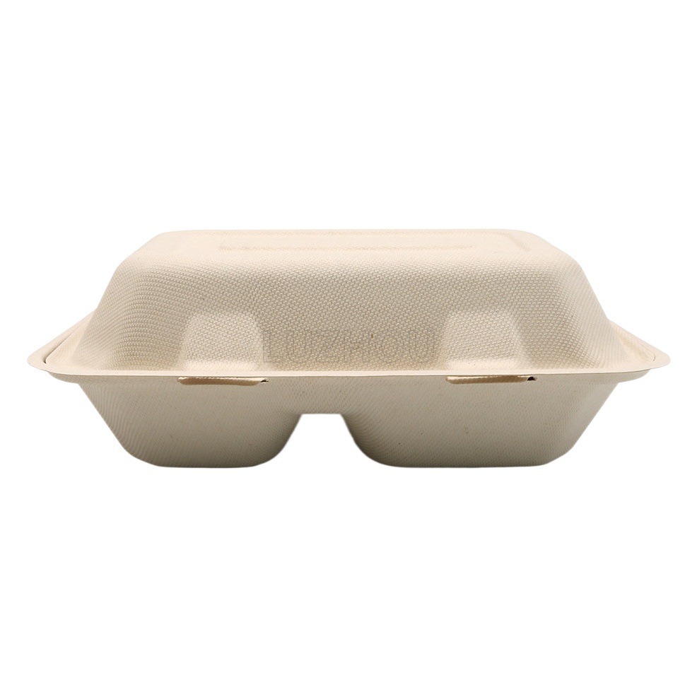 Shaogeng oasis Pulpa de caña de azúcar Pulpa de bambú 9 pulgadas caja de almuerzo de dos rejillas caja de cerradura respetuosa con el medio ambiente vajilla desechable degradable compostable