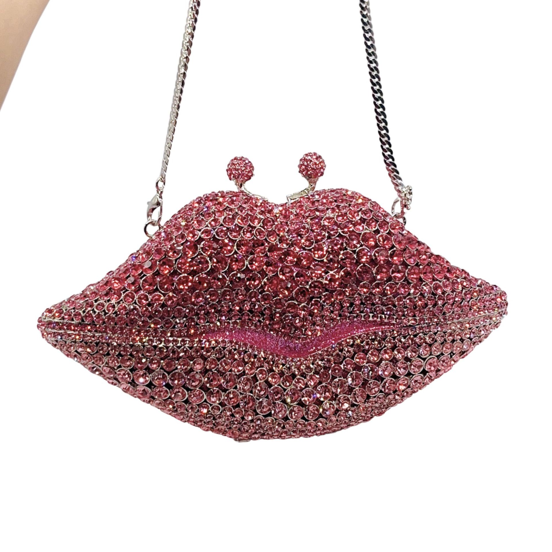 Túi clutch nữ đính đá dạ hội viền môi kim loại — màu đỏ đậm, Màu đỏ, Màu xanh lá, Màu xanh lam chi tiết 6