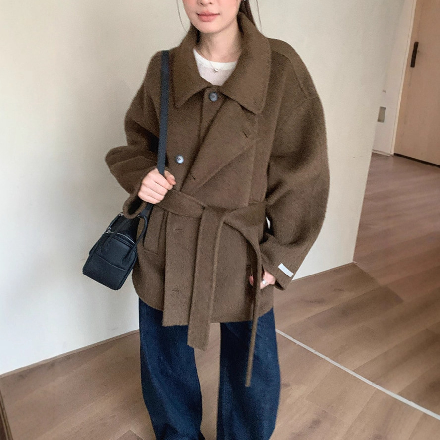 25年金敏喜同款双面手缝羊绒大衣短款小个子骆驼绒毛呢外套