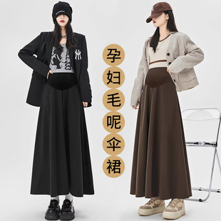 Maternity Midi Skirt 2024 Autumn and Winter Hepburn Style Versatile Thick Woolen A-Line Umbrella Skirt with Belly Support, Extended Length