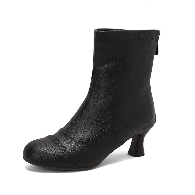 Women's Boots with Heel Zipper, Round Toe, High Heel, Large Size Short Boots, Large Size Cross-Border Export Supply 7738