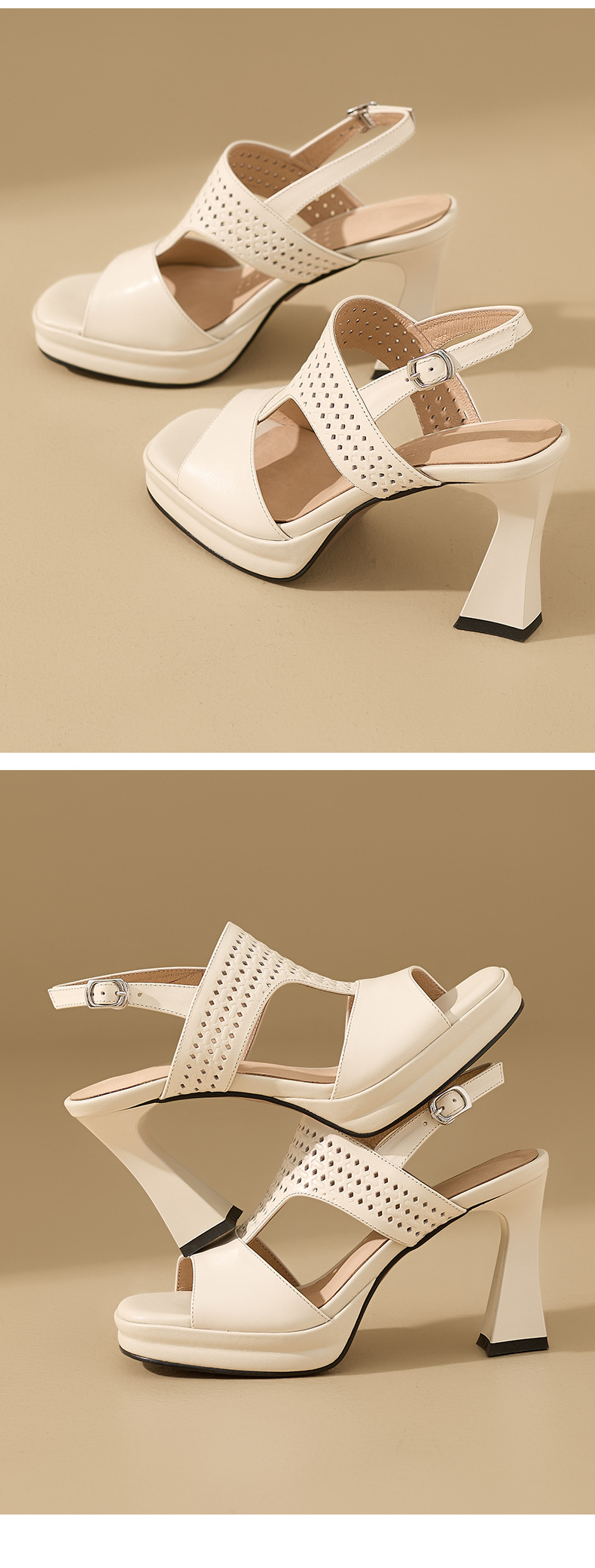 Sandal cao gót nữ hở mũi quai ngang khóa gót 9 cm — màu trắng ngà chi tiết 12