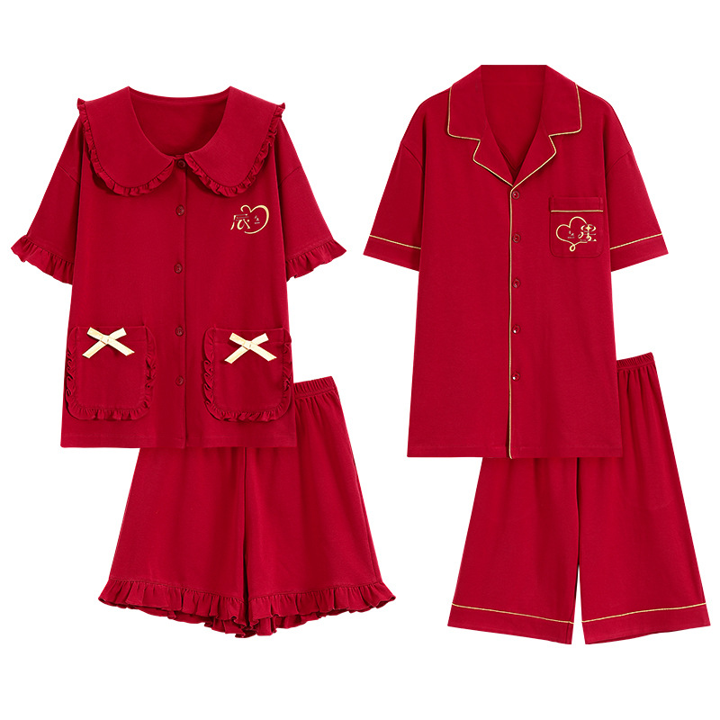[7A antibacteriano] Conjunto de pijama de pareja de boda rojo verano algodón fino pantalones cortos de manga corta traje de servicio a domicilio