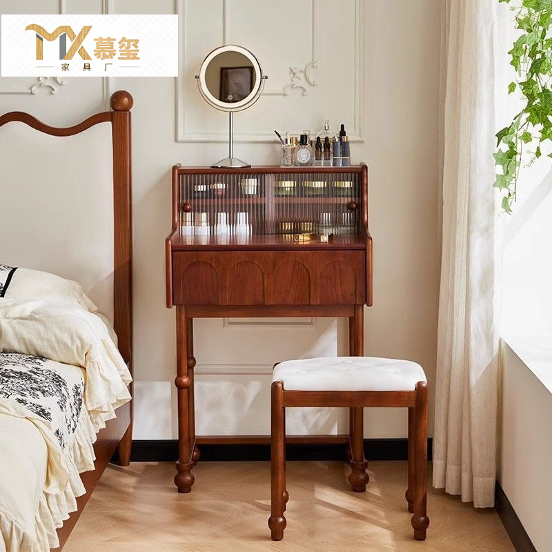 Solid Wood Small Piano Dressing Table 60cm Medieval Small Bedside Dressing Table Ultra-Narrow French Retro Dressing Table Integrated