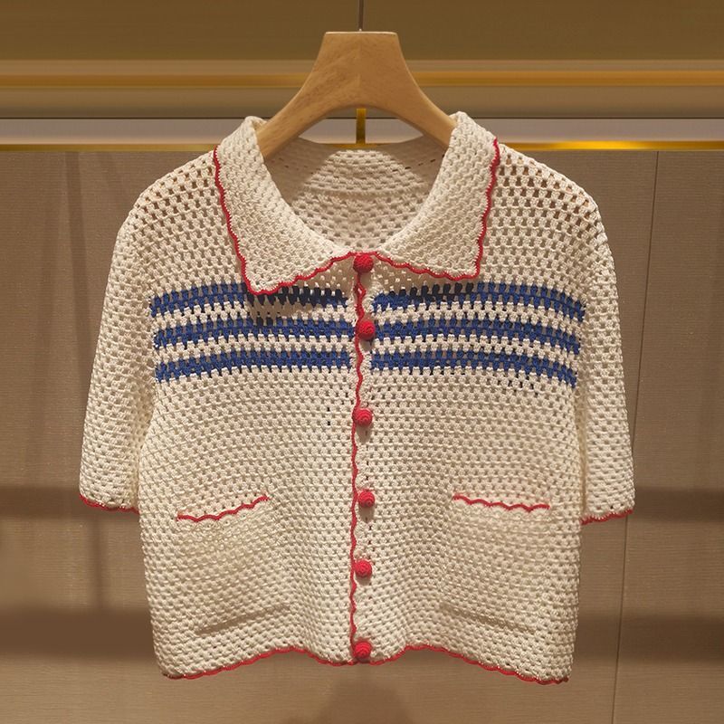 2026 Summer New Niche Chic Short-Neck Fresh Style Top with Chanel-Inspired Crochet Hollow-Out Knitwear for Women