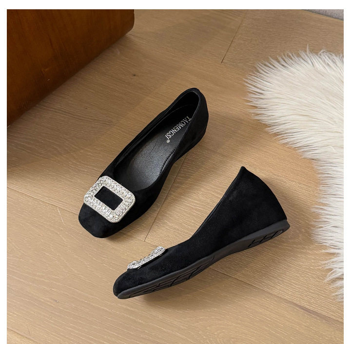 Giày búp bê nữ mũi vuông đính đá, da lộn, đế mềm độn trong, gót xuồng thấp — Màu kaki, Màu nâu, màu đen chi tiết 18