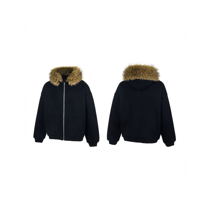 Cross-Border Trendy Brand Yeezy Kanye-Style Thick Hooded Zip-Up Sweatshirt with Fur Collar, Unisex Cross-Border Trendy Brand Yeezy Kanye-Style Thick Hooded Zip-Up Sweatshirt with Fur Collar, Unisex