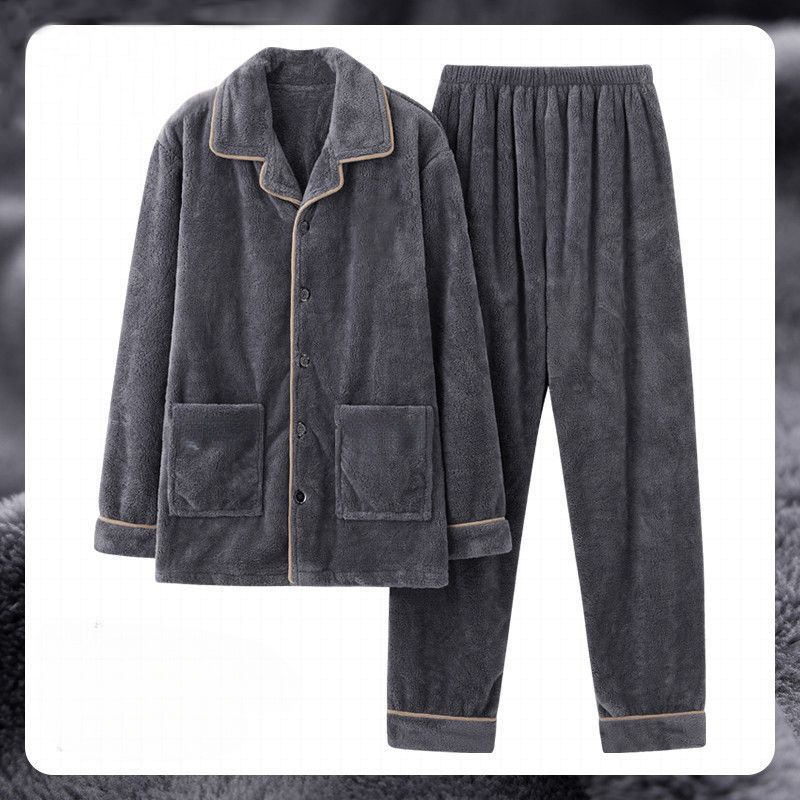 Transfronterizo hombre coral terciopelo pijama otoño y invierno grueso terciopelo cálido manga larga suelta franellas set de ropa para el hogar