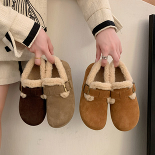 Cowhide Version ~ Retro Thick-Soled Furry Shoes for Women, Suitable for Outdoor Wear, 2025 New Autumn and Winter Genuine Leather Fleece-Lined Birkenstock-Style Cotton Shoes