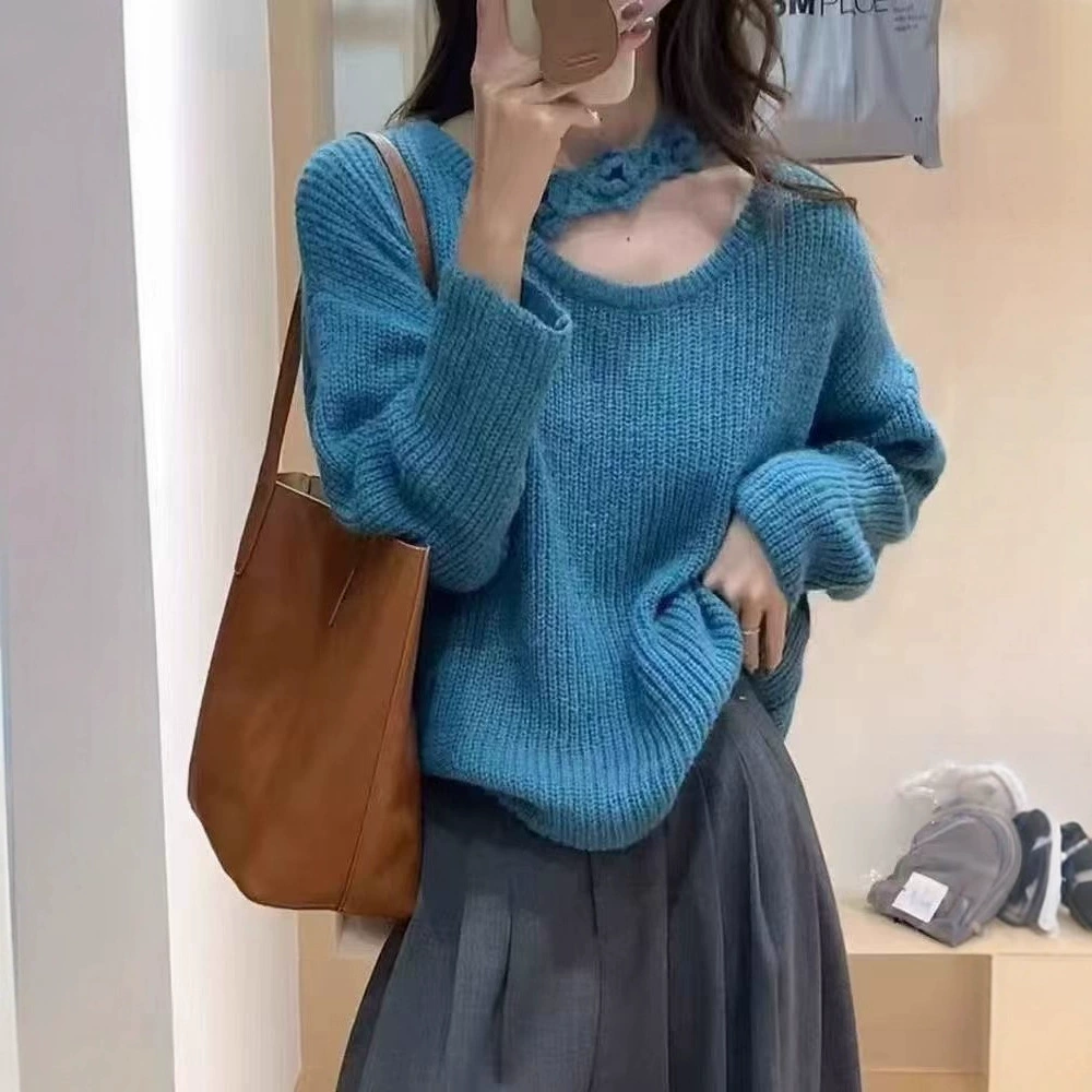 Модный и уникальный женский вязаный топ с трехмерным цветочным принтом и бретелькой на шее, новый осенний топ во французском стиле, уменьшающий возраст.