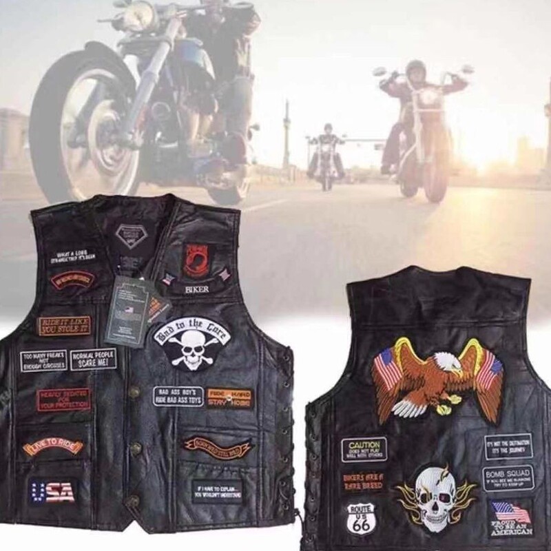 American Cool Motorcycle Riding Vest Genuine Leather Vest Men's Leather Waistcoat 23 Embroidered Badge Vest