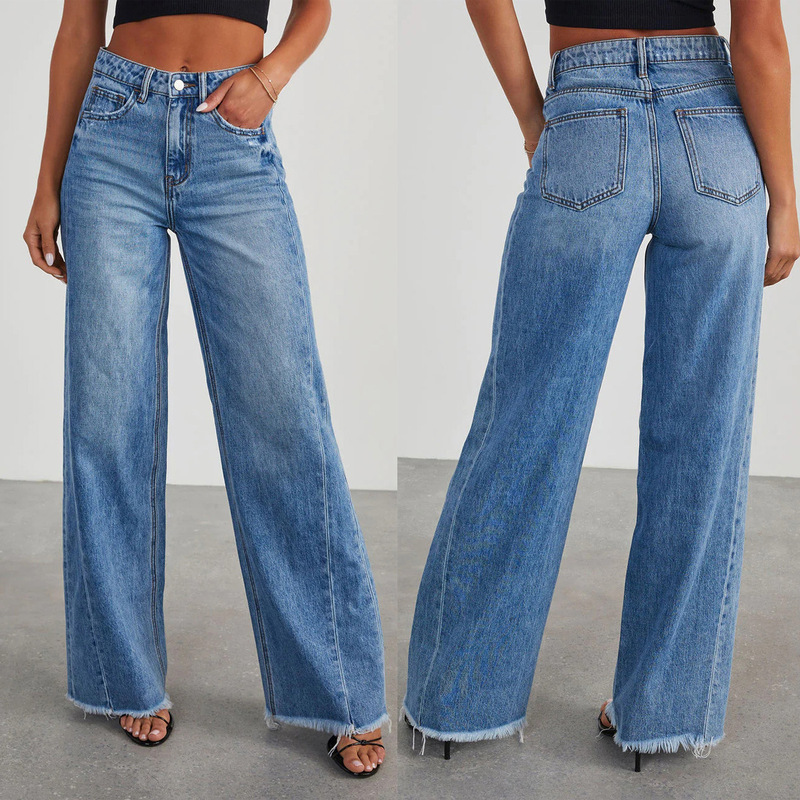 2023 European and American Cross-Border New Products Amazon Loose Wide-Leg Side Seam Patchwork Frayed Hem Jeans for Women 32150