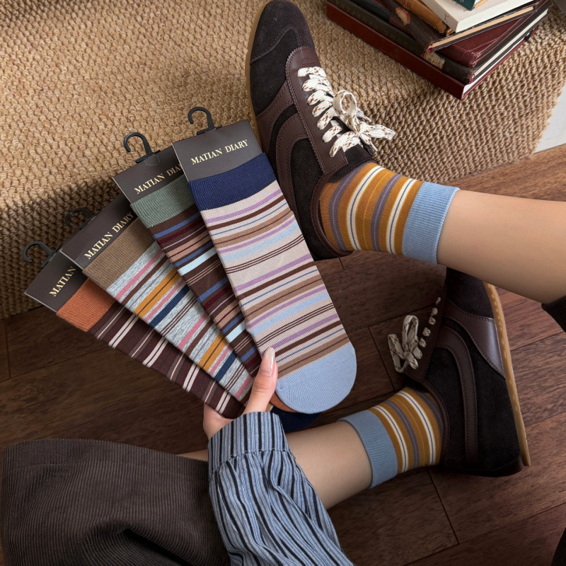 Matai Diary Women's Autumn and Winter Long Cotton Vintage Striped Mid-Calf Socks Seamless Slouch Socks for Birkenstock Shoes Matai Diary Women's Autumn and Winter Long Cotton Vintage Striped Mid-Calf Socks Seamless Slouch Socks for Birkenstock Shoes
