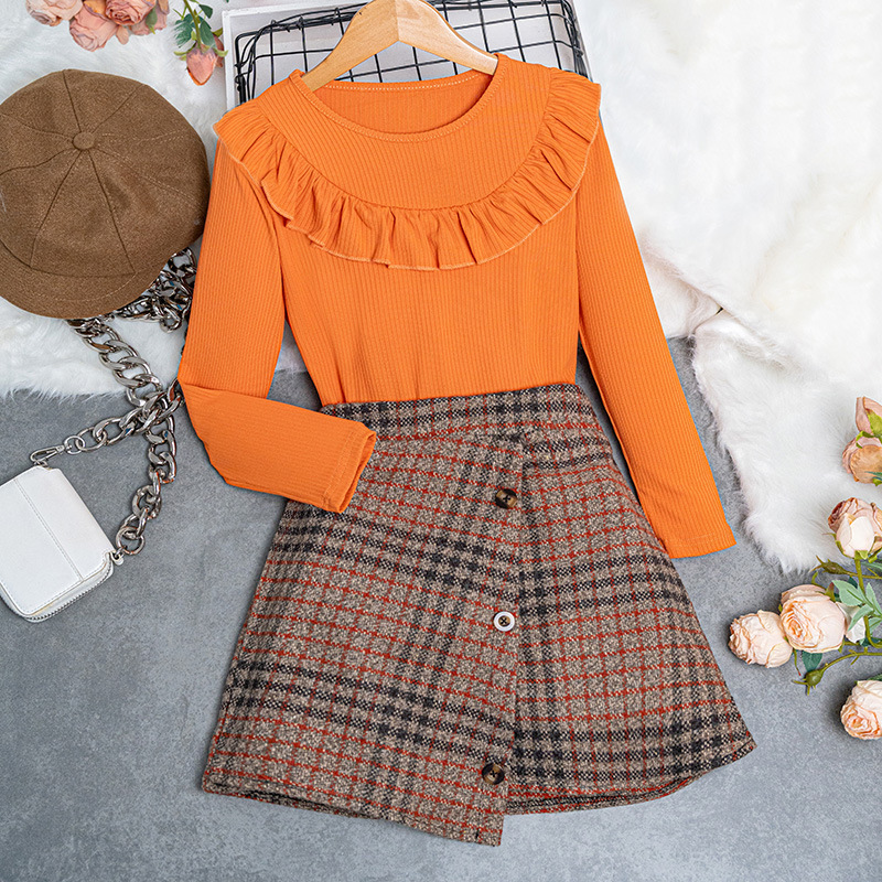 Abbigliamento per bambini Primavera e autunno nuovo set da ragazza con gonna scozzese a maniche lunghe in pizzo per bambini_voghion.com