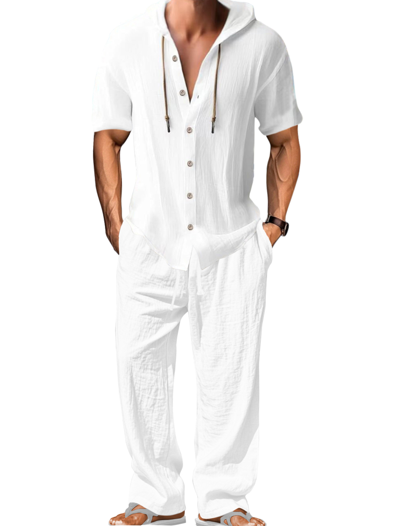 25 Traje de ocio deportivo de Amazon transfronterizo para hombres europeos y americanos Camisa de manga larga de algodón y lino con capucha Traje de pantalones sueltos