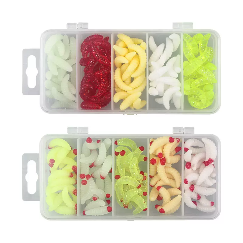 跨境面包虫蘸红头100粒套装蠕虫假饵路亚饵仿生饵淡水蛆虫软饵