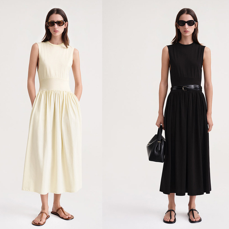 Toteme 23 New Nordic Minimalist Spring and Summer Cotton Mid-length Tight Waist A- Line Trumpet Sleeveless Dress for Women