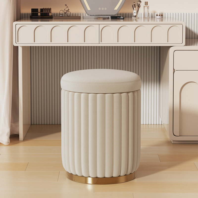 Cream-colored makeup stool, suitable for girls' bedrooms, vanity chairs, home use, light luxury style, high-end design, with storage, manicure stool, round stool