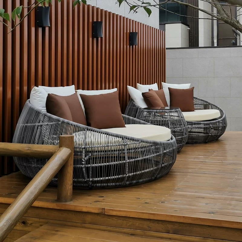 Outdoor furniture, wicker lounge chair, Nordic-style round sunbed, outdoor garden, creative round bed, poolside, balcony, lazy round bed
