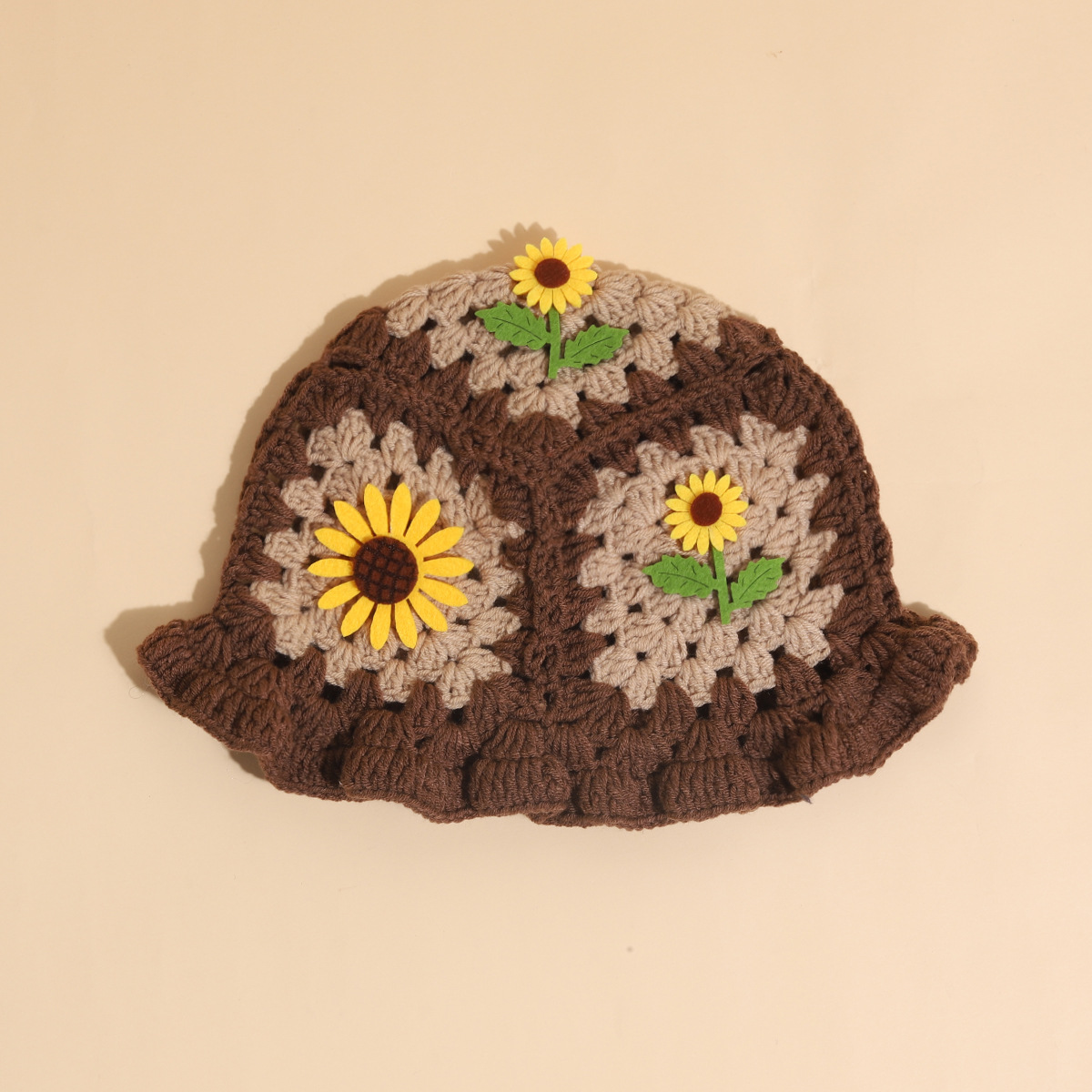 Cappello da pescatore con girasole tessuto a mano, autunno e inverno, carino cappello infantile con bordo a fungo, in lana all'uncinetto_voghion.com