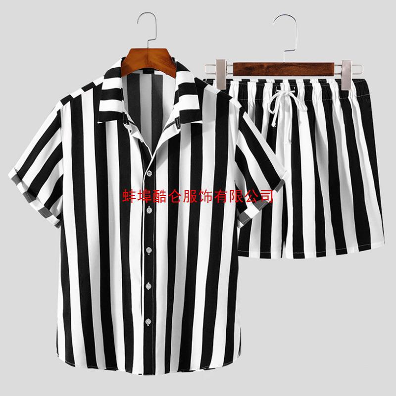 跨境亚马逊男装2023夏季新款街头潮人黑白色条纹夏威夷沙滩套装男