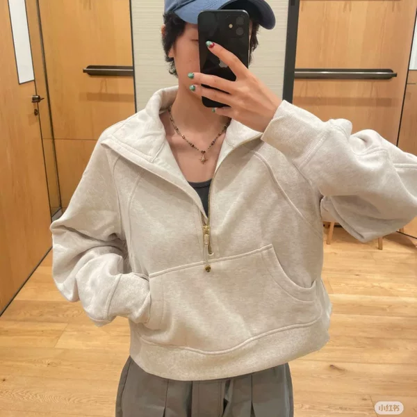LULU Embroidered Original Scuba Sweatshirt High Collar Loose Fit Half-Zip Fleece-Lined Sports Jacket for Fitness, Running, and Yoga