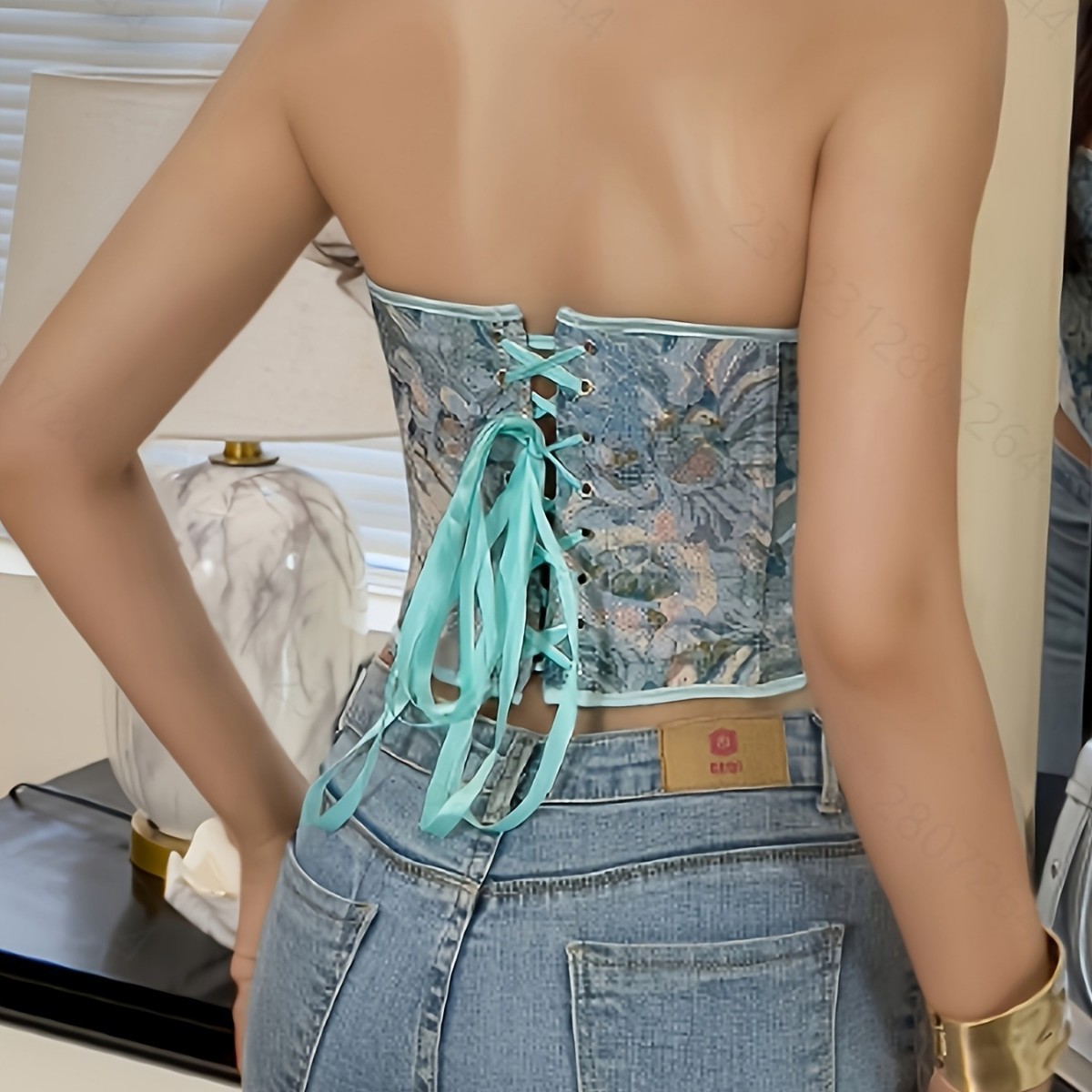 Nuevo azul impresión delgada cintura apretada cintura correa de pecho damas modelado chaqueta una fuente de envío