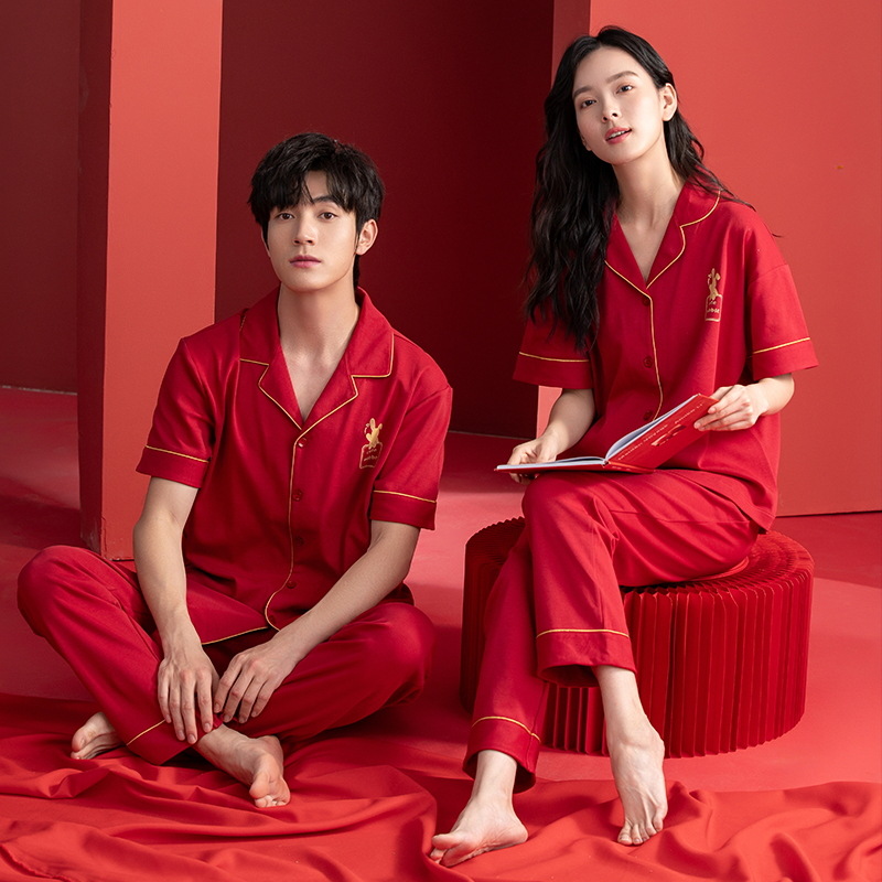 [Antibacteriano] pijamas para hombres primavera y otoño algodón de manga corta pareja ropa de boda de verano rojo damas servicio a domicilio