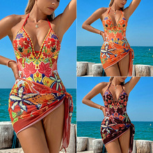 印花连体泳衣女性感挂脖带裹裙跨境亚马逊外贸海边沙滩度假泳装