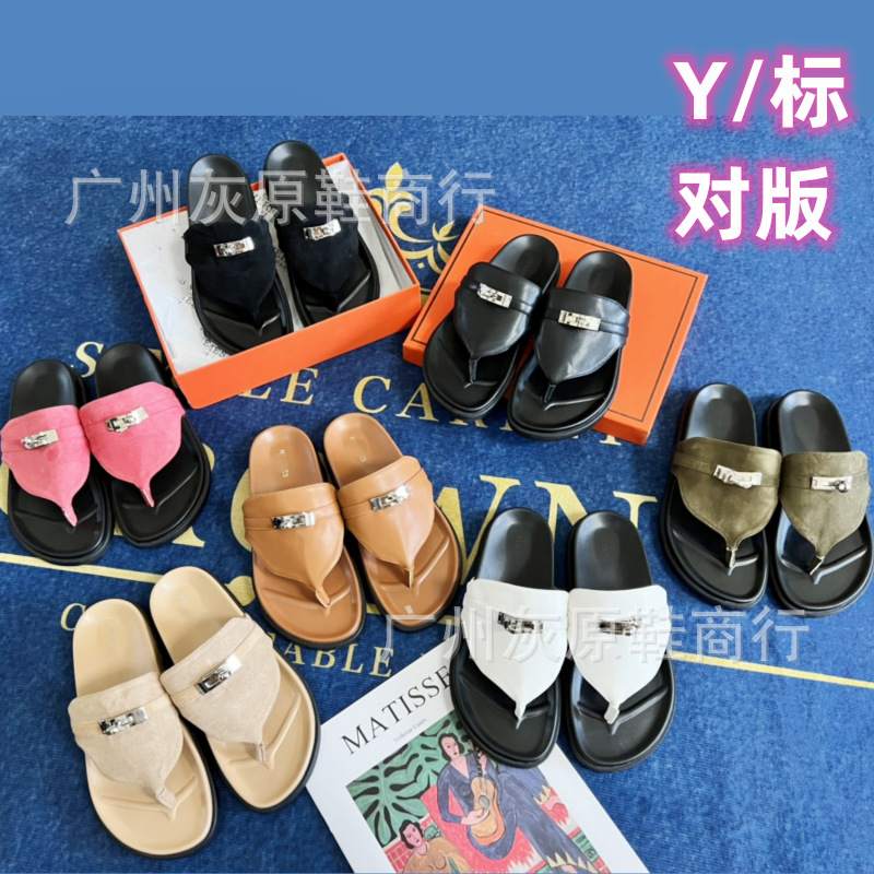 Summer 2024 New Arrival Clip Toe Silver Buckle Herringman Roman Flats Women's Retro Cowhide Flats Women's Casual Sandals