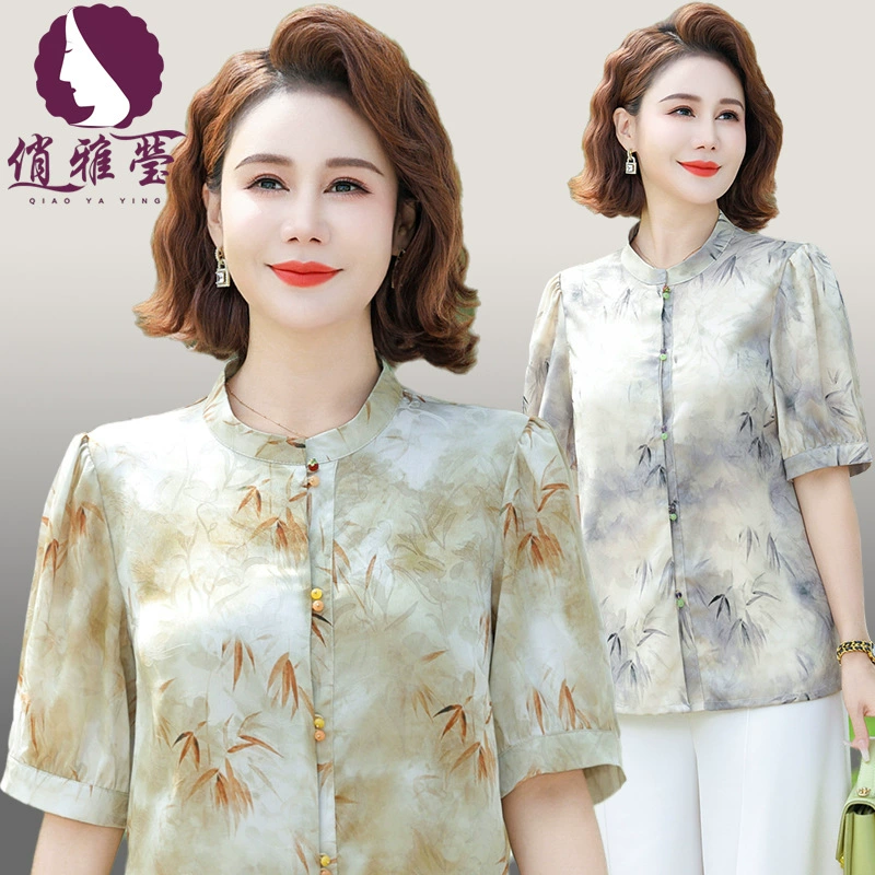 Летняя одежда для мамы 2025, новые рубашки с короткими рукавами в ретро-китайском стиле, футболки ко Дню матери, топы больших размеров для женщин среднего и пожилого возраста