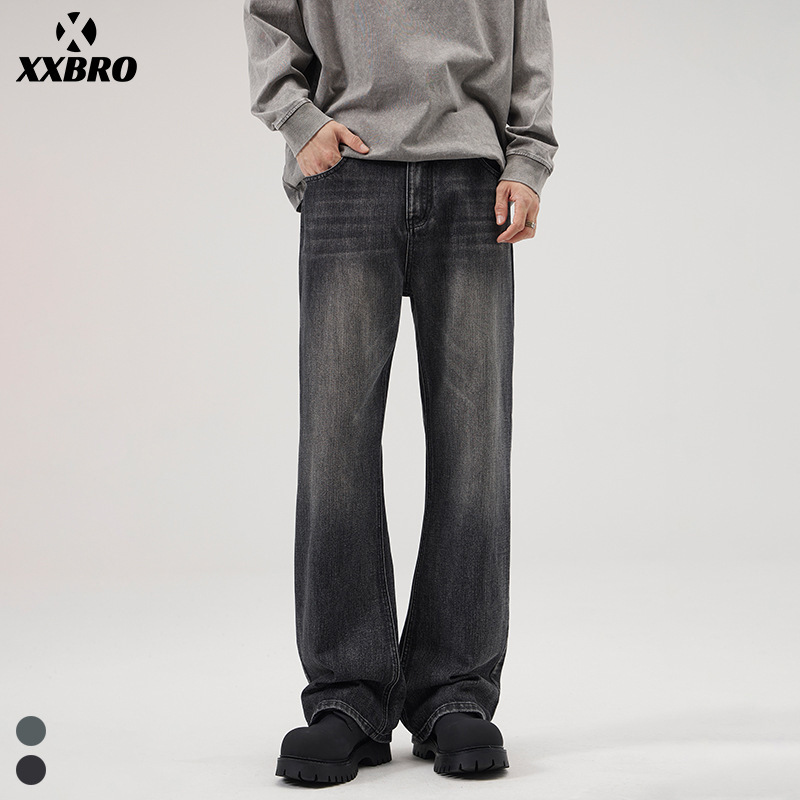 Muxi Clothing # American High Street Style Autumn New Washed Slub Cotton Jeans, Loose Flared Vintage Wide-Leg Pants.