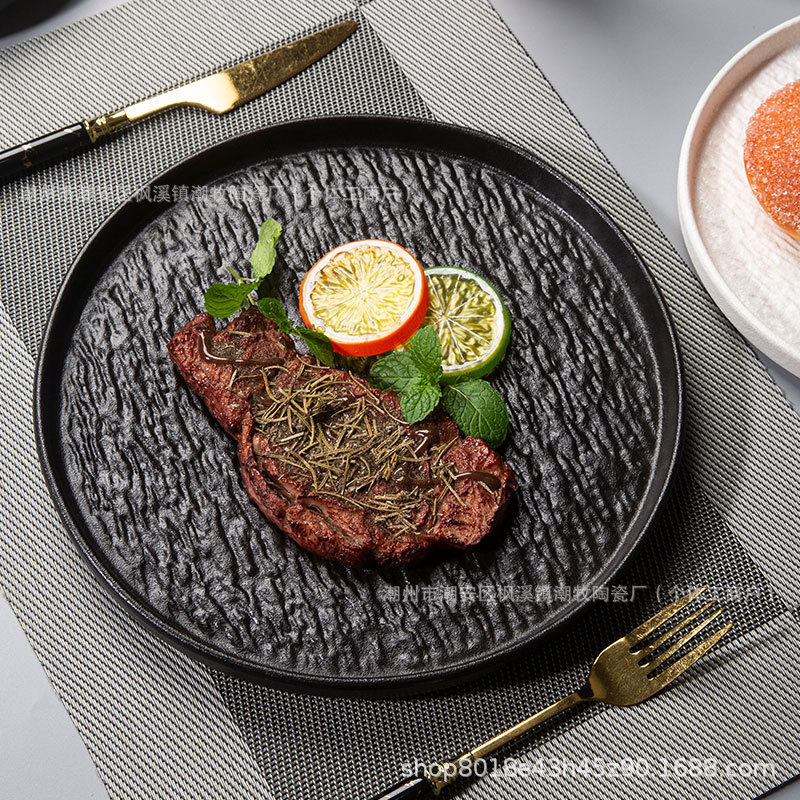 Japanese restaurant ceramic tableware stone grain round steak flat plate spaghetti plate matte deep plate straw hat plate shallow plate wholesale
