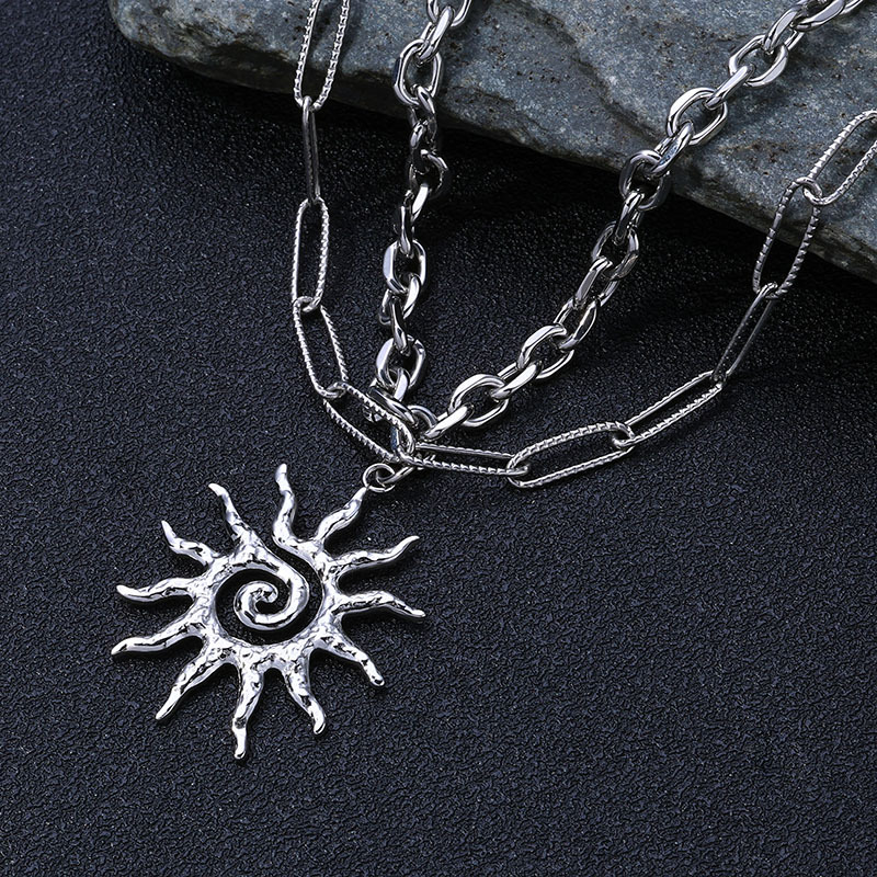 Sun Pattern All Seasons Season Unisex Gender Retro Sun 667 Stainless Steel Unisex Double Layer Necklaces Men Layered Necklaces