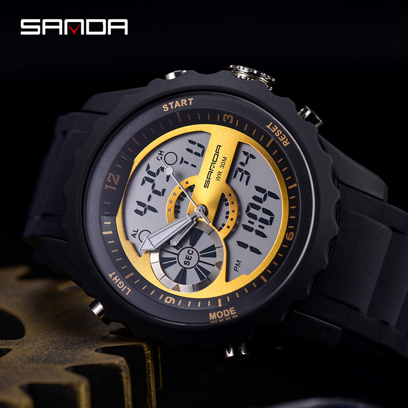 SANDA 769 impermeable multifuncional reloj deportivo al aire libre reloj electrónico de cuarzo de doble movimiento para hombres