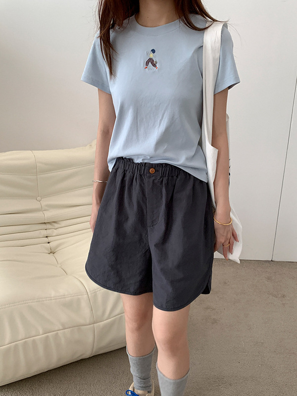 Suna 韓国版万能ラウンドネックキャラクター刺繍シンプル半袖Tシャツレディースゆったり着痩せトップスfromanna|undefined
