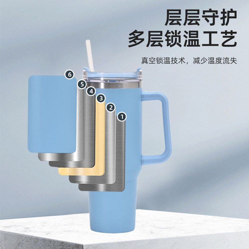 Taza de aislamiento de mango portátil de acero inoxidable 304 transfronteriza nueva taza de automóvil de 40oz de gran capacidad con taza de hielo de pajita